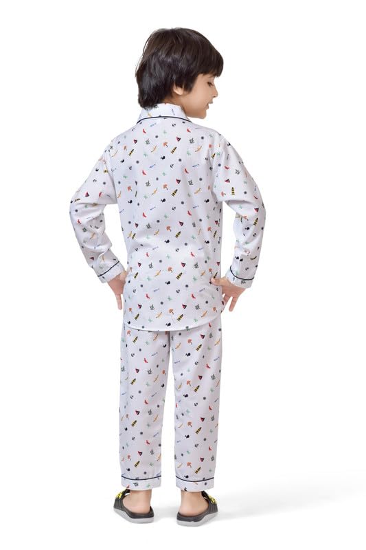 CLUB96 Boys' Cotton Night Suit Set | White Full Sleeve Shirt & Pyjama with Multicolor Fun Print | Kids Sleepwear | Soft & Stylish Night Dress for Boys (2-15 Years) 2