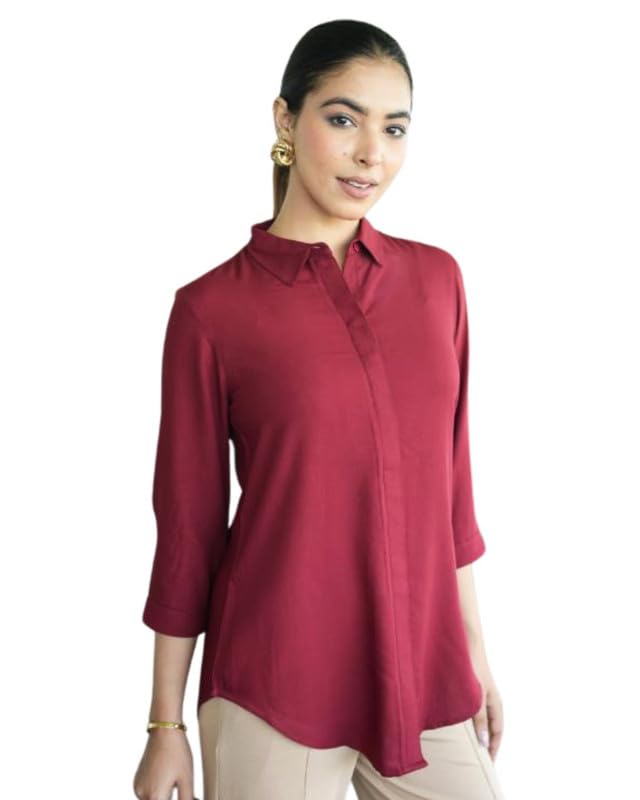 mlada Hemline Solid Shirts for Women | 3/4 Sleeves Classic Rayon Shirt for Office Wear | Collared Neck Shirt for Girls | Regular Fit Shirts | Smart Formal Button Down Shirt for Women-picture-18