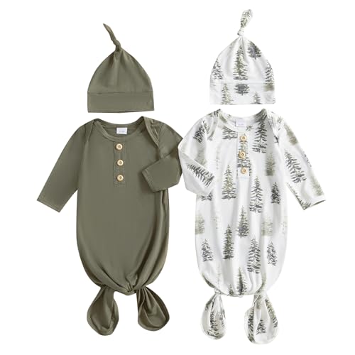 Image of woshilaocai 2 Pack Baby Boy Girl Gown Sleeper Newborn Knotted Nightgown and Hat Set Infant Sleepwear
