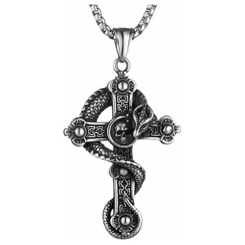 STWTR Vintage Stainless Steel Men's Gothic Skull Cross Pendant Longtao Necklace, Stainless Steel, No Gemstone Cover