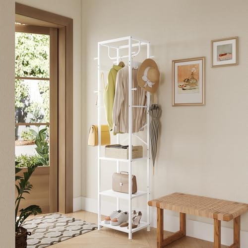 ELYKEN Coat Rack Freestanding, Hall Tree with 3 Storage Shelves and 12 Hooks, Industrial Clothes Rack Stand Organizer for Bedroom, Hallway, Entryway, Office, Living Room, White - Thumbnail 5