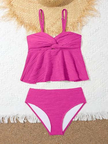 Image of OYOANGLE Girl's 2 Piece Tankini Swimsuit Textured Twist Front Ruched Ruffle Bikini Set Bathing Suits