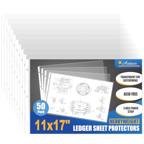 Antner 11x17 Inch Sheet Protectors (50-Pack) - Ledger Size Heavy Duty Clear Plastic Archival Sleeves, 3 Hole Punched for 3-Ring Binders, Side Loading Oversized Page Protectors for Documents Newspaper