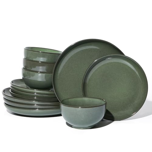 Image of Pokini Stoneware Dinnerware Sets, Ceramic Plates and Bowls Set, Microwave & Dishwasher Safe Kitchen Dishes, Modern Dinner Salad Plates | Cereal Bowls, Dishware Sets Service for 4 Forest Green