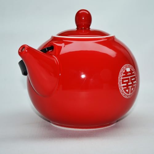 Image of Chinese Teapot 28oz Porcelain Tea Pot Red Glazing with Detachable iron handle for Adults Men Women Tea Ceremony Wedding Party Home Decor (Double happiness Teapot)