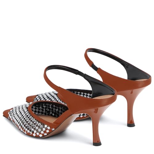 iadore Women Sexy High Heel Pumps Strappy Chic Slip-on Splicing Mesh Satin Pointed Toe Shoes Rhinestone Studded Summer Pumps Size 5-12 US4