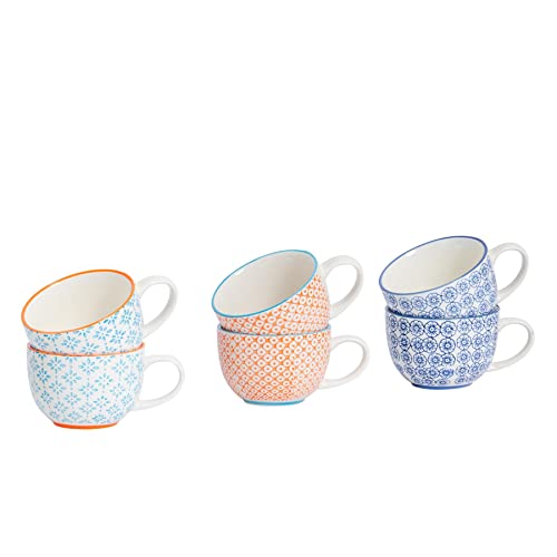 Nicola Spring Cappuccino Cups Set - 250ml - Pack of 6-3 Coloured Hand Printed Tea Cup Coffee Cappuccino Mugs Latte Drinking Mug Tea Saucer Plates for Breakfast Lunch Brunch