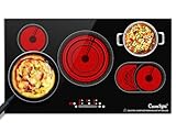 36 Inch Electric Cooktop 5 Burner, Built-In Ceramic Glass Cooktop 220-240V Hardwired, 9200W Radiant Electric Stove Top with Touch Control, 9 Heat Levels, Timer, Safety Lock, Works with All Cookware