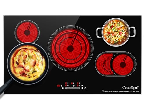 36 Inch Electric Cooktop 5 Burner, Built-In Ceramic Glass Cooktop 220-240V Hardwired, 9200W Radiant Electric Stove Top with Touch Control, 9 Heat Levels, Timer, Safety Lock, Works with All Cookware