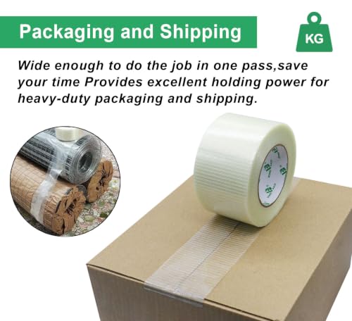 Image of BOMEI PACK Fiber Reinforced Packing Tape 3 inch, Wide Clear Heavy Duty Bi Directional Filament Strapping Tape 3Inch x 55yds 6.7Mil