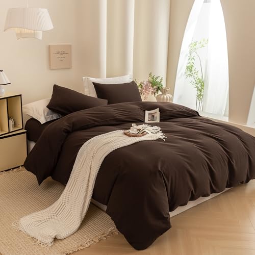 Image of ECOCOTT Duvet Cover Twin Size -100% Washed Cotton Linen Like Textured Breathable Durable Soft Comfy Bedding Set with Zipper Closure & Corner Ties (Cocoa Brown, 68 inchx90 inch)