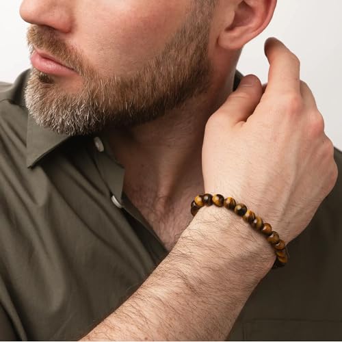 FIRAZIO Tiger Eye Bracelet For Men 8MM Natural Stone Stretch Adjustable Tree of life Leather Bracelets Mens Accessories Pulseras Para Hombres Crystal Beaded Bracelet for Men Women Gifts2