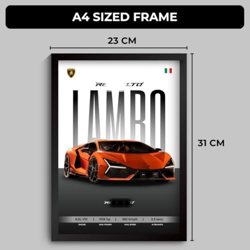 Image of Lamborghini Revuelto Poster | Framed Lamborghini A4 Sized (31 x 23 cm) | Car Poster for Wall, Gift for Boys, Supercar Posters | Supercar Frames | Car Posters for Wall, Bedroom, Hostel, Study Room (F 011)