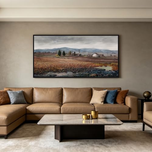 yiijeah Farmhouse Country Landscape Canvas Print Black Framed Artwork 48x24