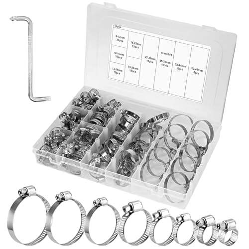110 Pièces Collier de Serrage Réglables, Colliers de serrage en acier inoxydable, Tuyau Clips, 8 tailles 8-44mm, Collier de Serrage Tuyau pour Piscine, Tuyau d'eau, Plomberie, Automobile et Mécanique