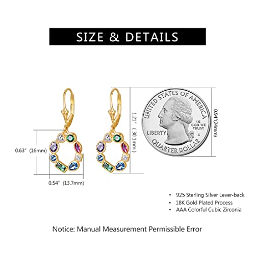 E Round Drop Earrings For Women, 18K Gold Plated 925 Sterling Silver Leverback Dangle, With Aaa Cubic Zirconia Heart Square Birthstone (Colorful) #TOP1
