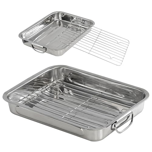 GEEZY Roasting Tin with Rack - Stainless Steel Roasting Tray with Integrated Folding Handles Dishwasher Safe - Kitchen Deep Oven Tray for Chicken Small Turkey Meat Vegetables Stews Casseroles