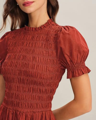 Image of RIHOAS Plaid Gingham Midi Dress Short Sleeve Smocked Dresses for Women | Cotton,Ruffle Puff Sleeves,Vintage Brown,Spring Summer Casual Daily,Picnic,Travel,Vacation,Christmas Festive Occasions
