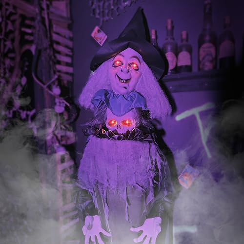 Haunted Hill Farm Lifesize Animatronic Scary Talking Witch with Touch Activated Lights and Sound, Battery-Operated Indoor or Covered Outdoor Halloween Decoration