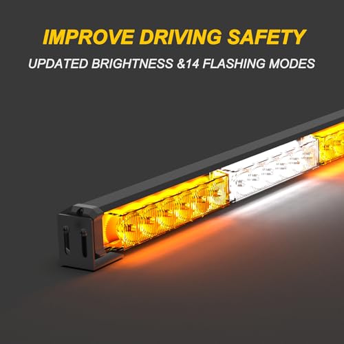 Image of 38 Inch Amber White Strobe Light Bar Emergency Warning Safety Lights with Strong Magnetic Base for Trucks Construction Vehicles