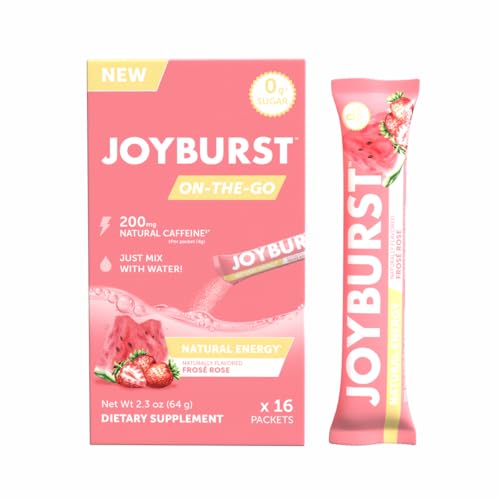 Joyburst Energy Drink Mix, Natural Caffeine (200mg) for Sustained, Jitter Free Energy, On-the-Go Natural Energy Drink Powder, Sugar Free - 16 x 4g Energy Sticks (Frose Rose)