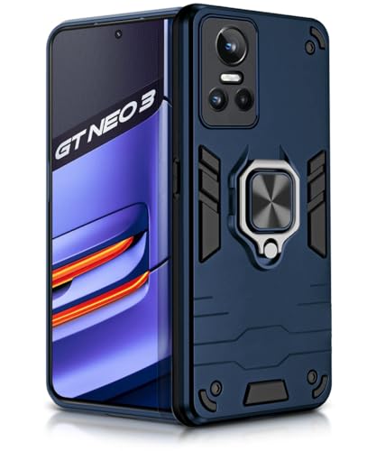 Image of WOW IMAGINE Shock Proof Back Case Mobile Cover for Realme GT Neo 3 5G | Back Cover Case (Tough Armor | Hybrid PC + TPU | Ring Holder & in-Built Kickstand | Blue)