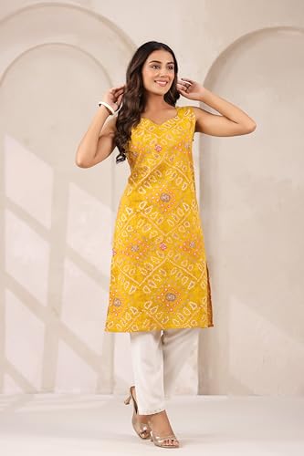 Image of Ichaa Women's Pure Cotton A-Line Sleeveless Round-Neck Ethnic Short Kurta for Daily and Office Wear, in Plus Sizes