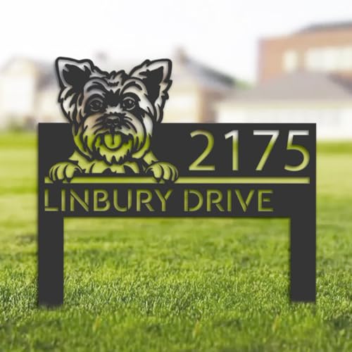 TiTaicor Custom Yorkshire Dog Metal Address Sign House Number Yorkshire Dog Plaque Outdoor Decor Stake Yorkshire Dog Sculptures Sign for Park Yard Lawn Courtyard Patio Ranch Farmer Gardening.