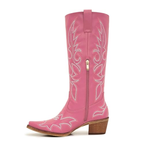 Image of Uillnoodu Women's Turquoise Cowgirl Boots - Wide Calf Mid Calf Western Boots Plus Size Embroidered Cowboy Style with Block Heel
