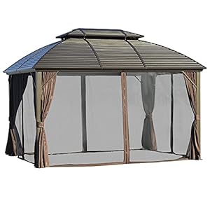 Outsunny 10 x 12 Hardtop Gazebo Canopy with Galvanized Steel Double Roof Aluminum Frame Permanent Pavilion Outdoor Gazebo with Netting and Curtains for Patio Garden Backyard Deck Lawn