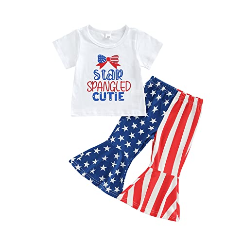 Moreeluck Toddler Baby Girl 4Th Of July Independence Day Outfits Print Tee Tops And American Bell Bottoms Pants Holiday Clothtes (A, 3-4 Years) #TOP12