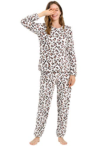 Allegra K Winter-Pyjama-Sets für Damen, niedlich, bedruckt, langärmelig, Nachtwäsche, Oberteil und Hose, Loungewear, weiche Nachtwäsche Gr. 42, Leopardenmuster
