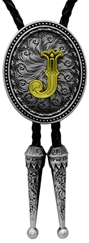 Moranse Bolo Tie Silver Initial Letter A To Z In Western Cowboy Oval Medal Style With Cowhide Rope Necktie(J) #TOP3