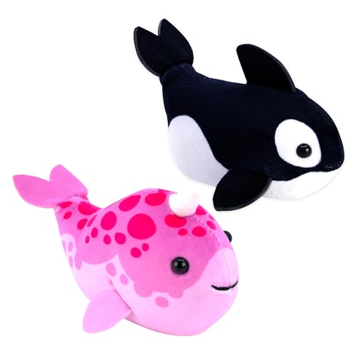 ZhuZhu (Narwhal + Orca) Fish 2-Pack B | Small Stuffed Animals with Motor Inside Suitable for Ocean Party Favors | Batteries Required