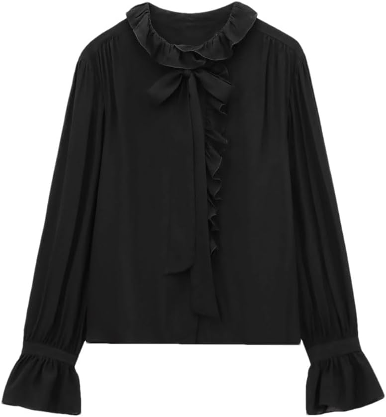 Women's Ruffled Bow Pleated Long Sleeved Shirt Black L(0810)
