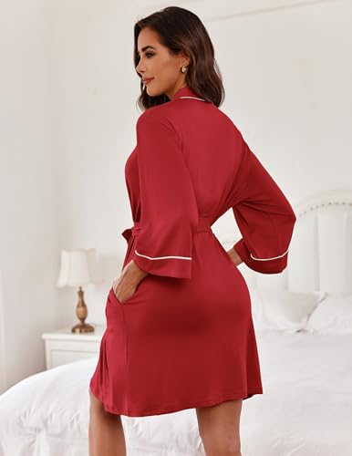 Image of Ekouaer Women Kimono Robes Knee Length Knit Bathrobe Lightweight Soft Sleepwear V-neck Casual Ladies Loungewear