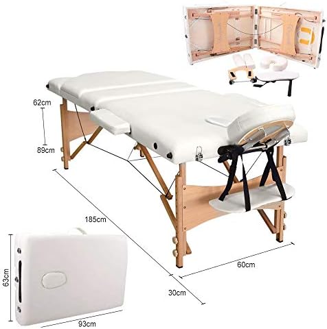 Vesgantti Portable Massage Bed Table - 3-Section Foldable Beauty Couch for Reiki Therapy Treatment Salon Healing - Metal Headrest Support/Carry Bag (Beige White)