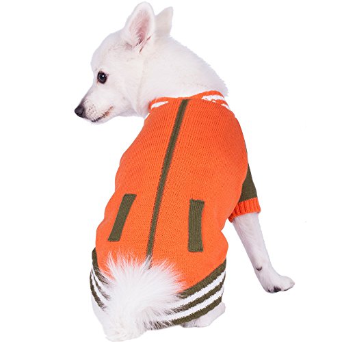 Blueberry Pet Weekender Sports Baseball Jacket Style Pullover Dog Sweater in Orange, Back Length 12