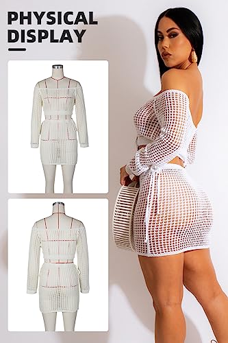 2 Piece Outfits Knitted Cover up Set Crochet Long Sleeve One Shoulder Hollow Top Drawstring Skirt Beach Cover up Set4