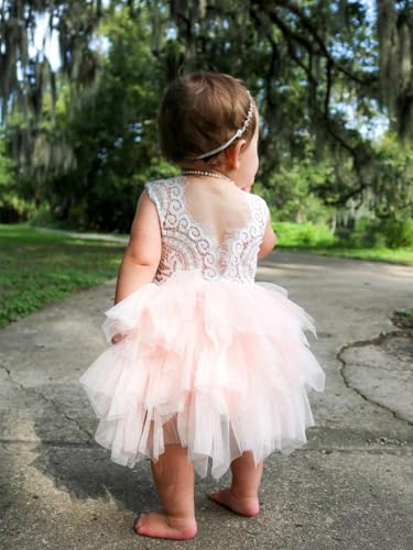 2Bunnies Girl Beaded Peony Lace Back A-Line Tiered Tutu Tulle Flower Girl Dress (Pink Sleeveless Short, 2T) - Thumbnail 4