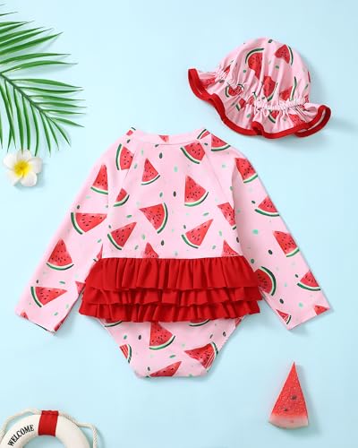 Image of Toddler Girl Swimsuit Baby Girl Bathing Suit Long Sleeve Floral Zipper One-Piece Rash Guard Swimsuit with Hat
