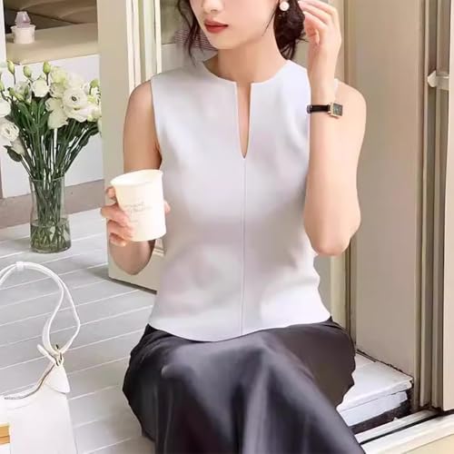 Image of Women Summer Sleeveless Sweater Vest Minimalist V-Slit Neck Slim Fit Pullover Tank