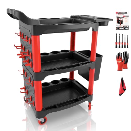 Image of Auto Detailing Cart with Wheels, 3 Tier Rolling Detail Cart with Long Hanging Plate & Hooks & Hanging Bucket & Cat Ear Basket, for Detailers Garage, Workshop, Repair Shop, Storage Tool