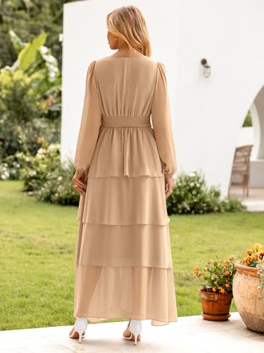 BerryGo Women's Chiffon Maxi Dresses A Line Long Sleeve High Waisted Tiered Swing Holiday Vacation Semi Formal Dress(Khaki,Small) — view 6