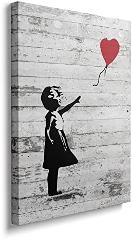 Banksy Canvas Wall Art - Girl With Red Balloon Street Graffiti Wall Art - Grey Framed Wall Art Print Inspirational Picture For Bedroom Living Room Rustic Home Office Wall Decor Ready To Hang (16x24 Inches)