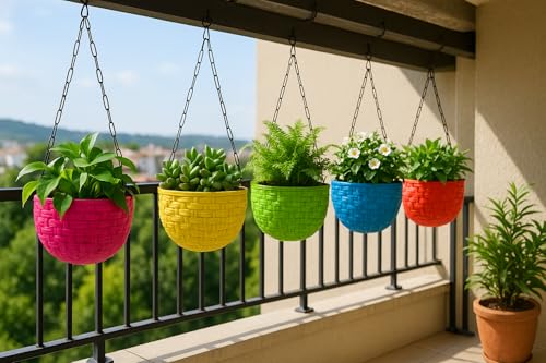 Image of Bianco Multicolor Round Rattan Woven Plastic Flower Hanging Planter /Beautiful Round Gamla Pot /Flower Hanging Pot (Pack of 5)