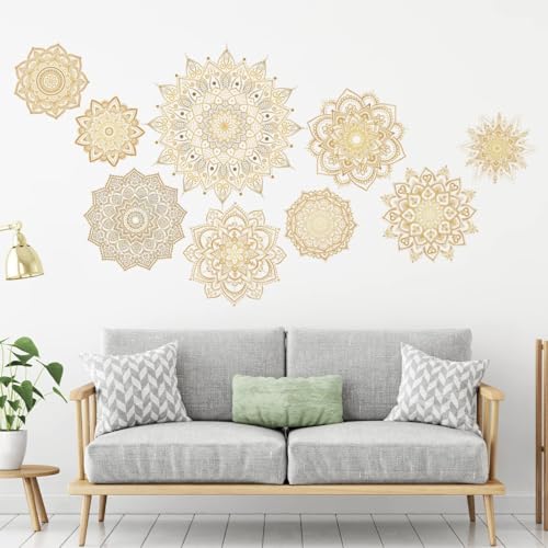 61.6 x 55.1 Inch Large Gold Mandala Wall Decals Boho Mandala Wall Sticker Flower Wall Stickers Headboard Wall Decoration Indian Namaste Flower for Bedroom Living Room Yoga