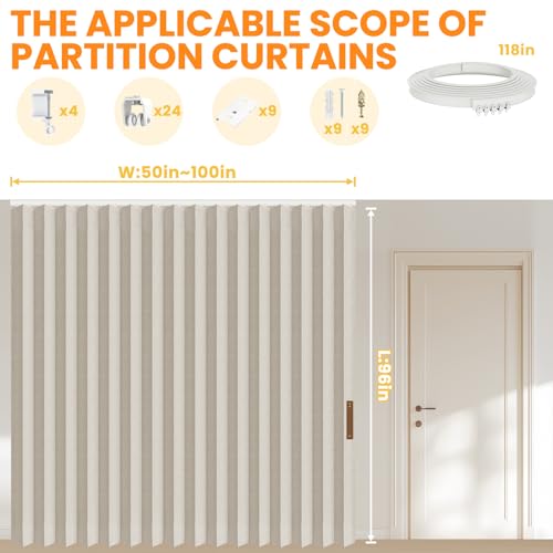 Image of Room Divider Curtain Sets with Flexible Ceiling Track, Privacy Soundproof Curtain for Bedroom Office Patio Sliding Door(Cream White, W100 x L96, 1 Pack)
