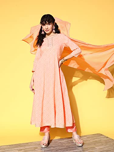 Image of ishin Women's Cotton Blend Peach Embroidered Anarkali Kurta With Dupatta