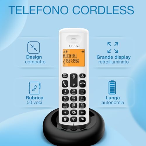 Alcatel E160 Bianco Telefono Cordless Dect Con Blocco Chiamate Indesiderate Ampio Display Retroilluminato Arancione Di Facile Lettura Suonerie Classiche E Polifoniche - 2